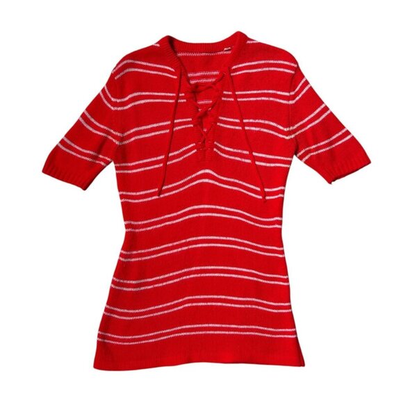 70s vintage stripe short sleeve sweater top boho 1970s acrylic tie neckline. - Picture 1 of 5